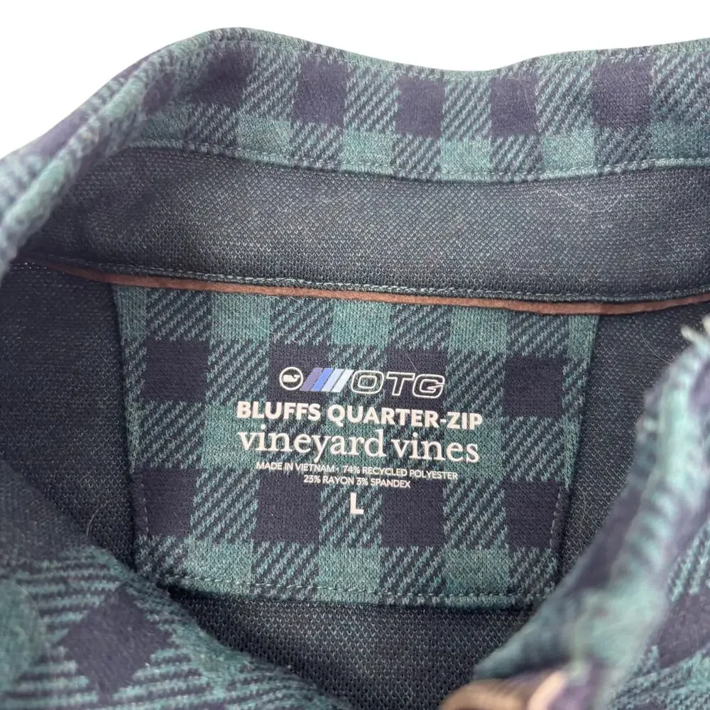 Vineyard‎ Vines Mens Large Green Blue Check Bluffs 1/4 Zip Long Sleeve Pullover